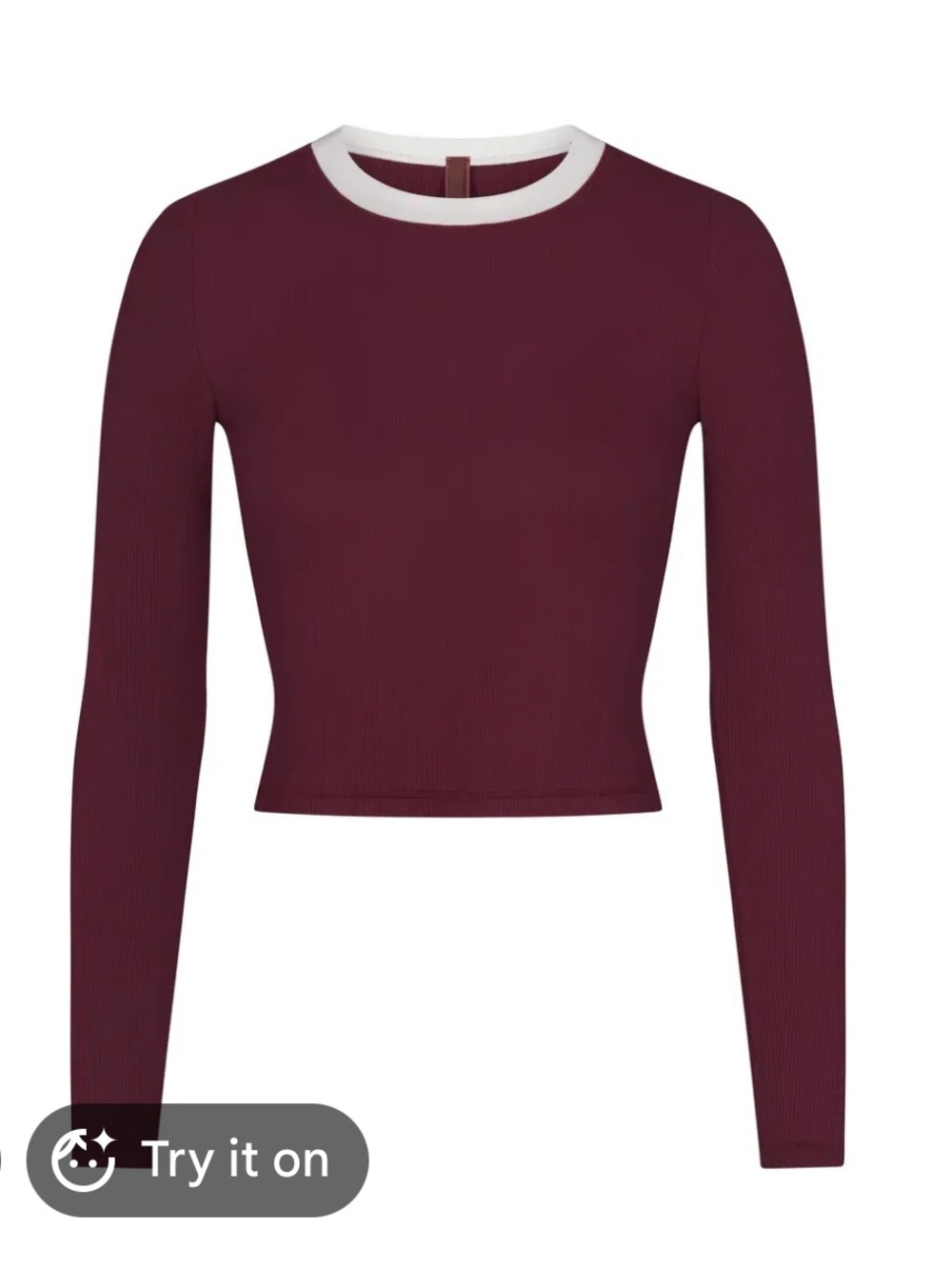 SKIMS Soft Lounge Wine Ribbed Long-Sleeve Ringer Cropped Crew White Neck Trim
